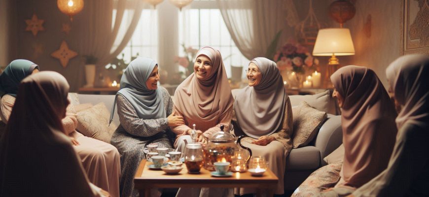 A serene and joyful gathering of elderly Muslim women hosted by Ummati Sisters. Cozy indoor space wi